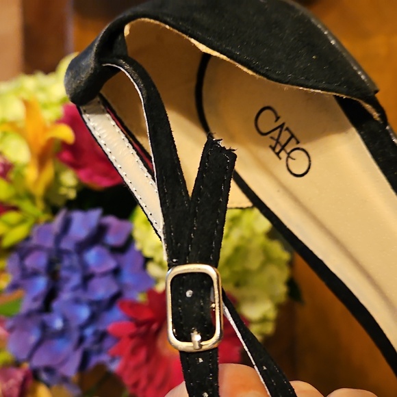 Cato Stappy Sandal w/ Cream Jewel Accents Black side buckle suede heel - Picture 5 of 5